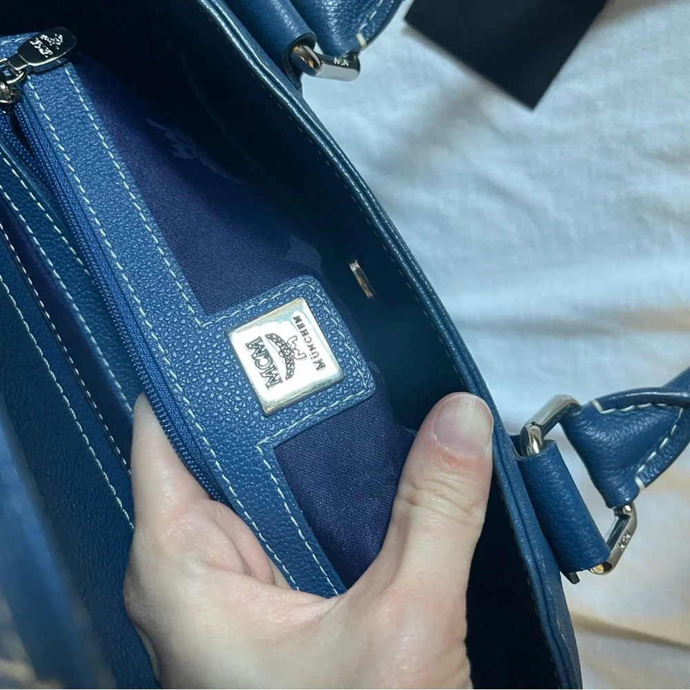 MCM Navy Blue Leather Boston Handbag Small Silver Hardware COA - Picture 10 of 11